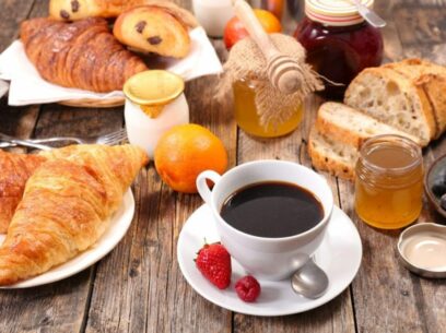 breakfast with coffee and croissant